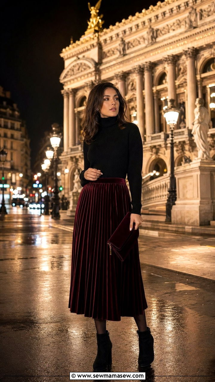 Cashmere Turtleneck with Pleated Velvet Skirt - 35 Parisian travel outfits