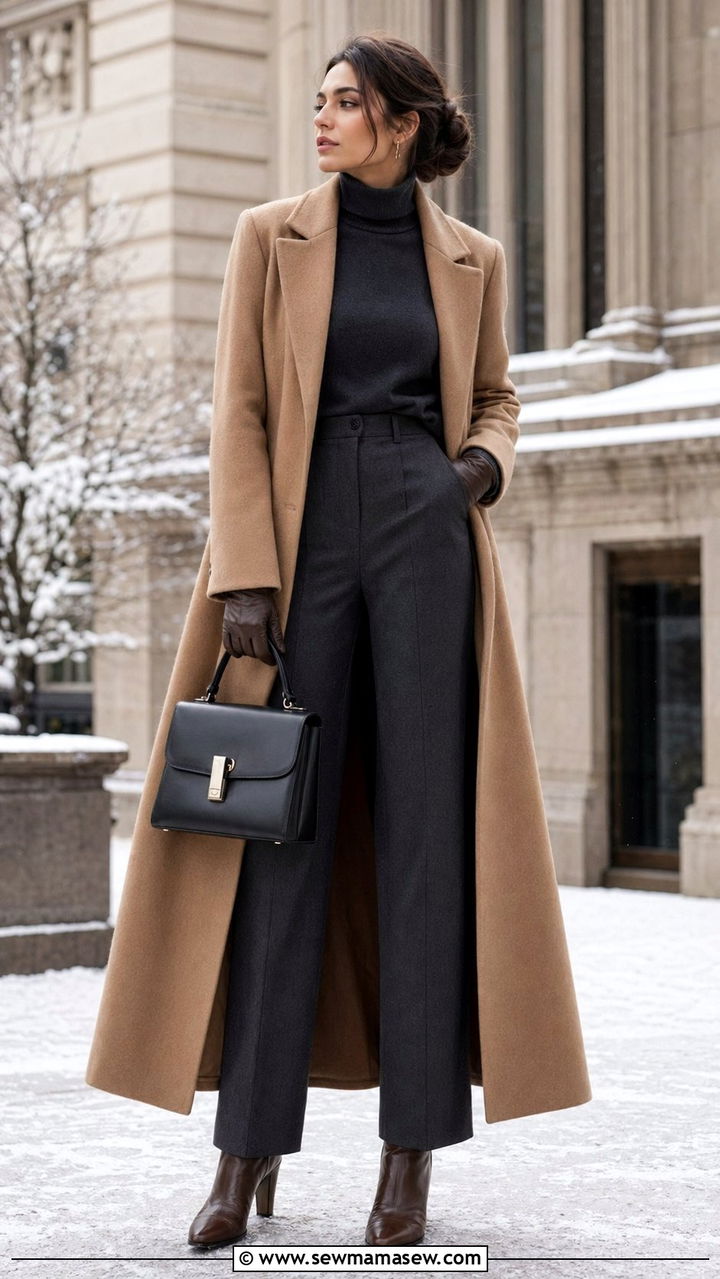 Cashmere Turtleneck with Wool Trousers and Camel Coat - 35 Modest outfit ideas old money