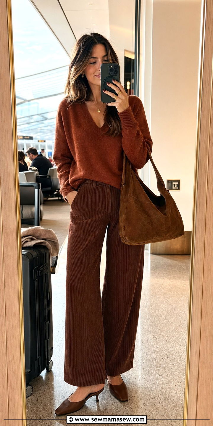 Cashmere V neck with corduroy pants and mules - 30 Airport outfit ideas with cashmere sweater