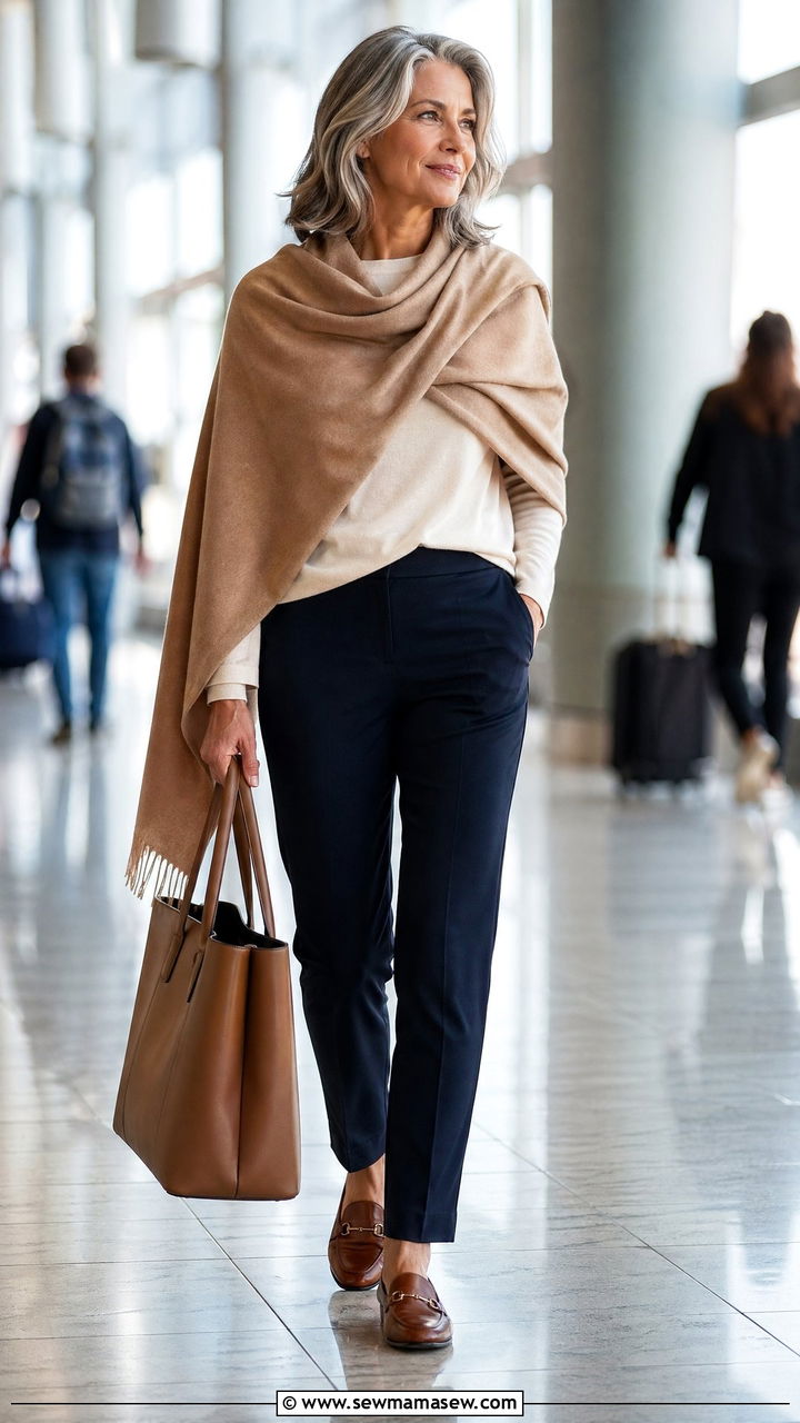 Cashmere Wrap Over Ponte Trousers For Long Flights - 35 Travel outfits for women over 50