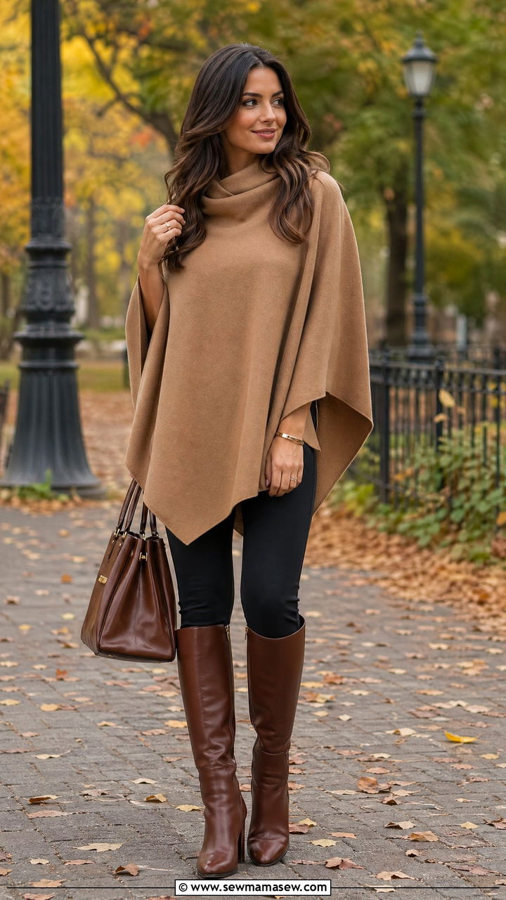 Cashmere Wrap Poncho with Leggings and Knee High Boots - 35 classy travel outfits