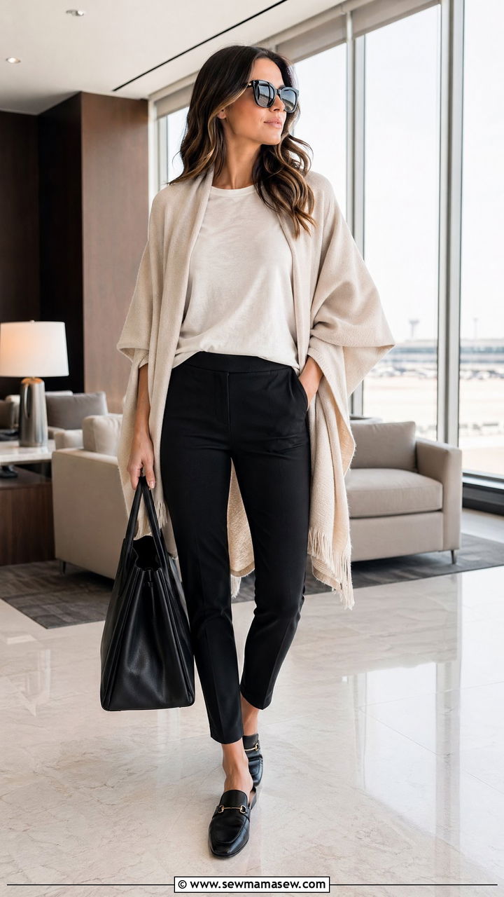 Cashmere Wrap With Ponte Pants And Leather Mules - 40 Airport outfits for women