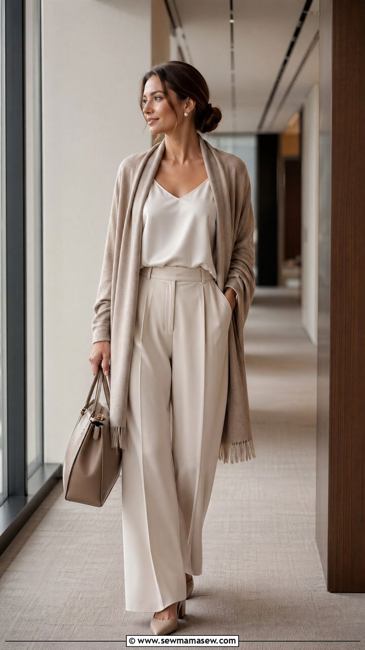 Cashmere Wrap With Tailored Wide Leg Trousers - 35 comfortable outfit ideas for women