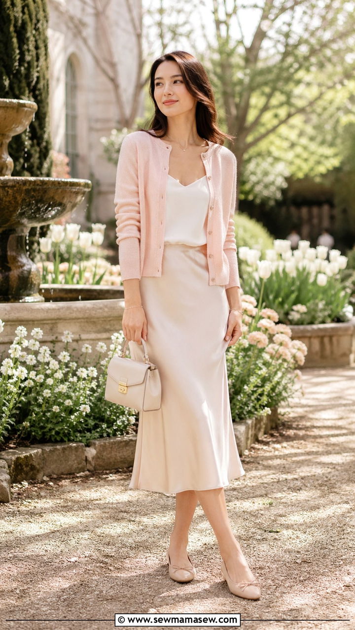 Cashmere cardigan with a slip skirt and ballet flats - 30 spring everyday outfits for women