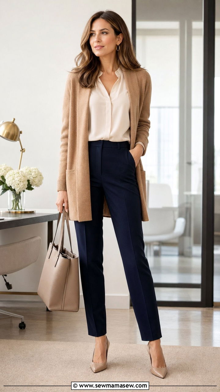 Cashmere cardigan with silk blouse and tailored pants outfit - 35 Quiet luxury outfit ideas