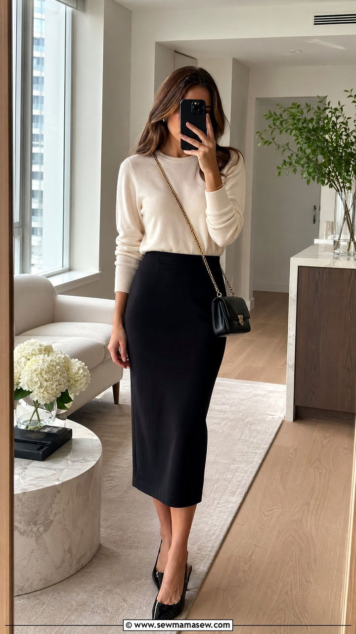 Cashmere crewneck midi pencil skirt and gold chain crossbody - 35 Crossbody bag outfit ideas