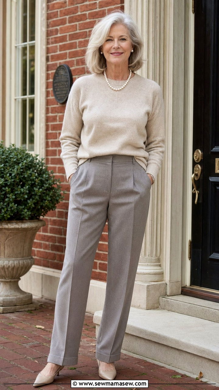 Cashmere crewneck sweater with tailored wool trousers - 35 Old money outfit ideas for women over 60