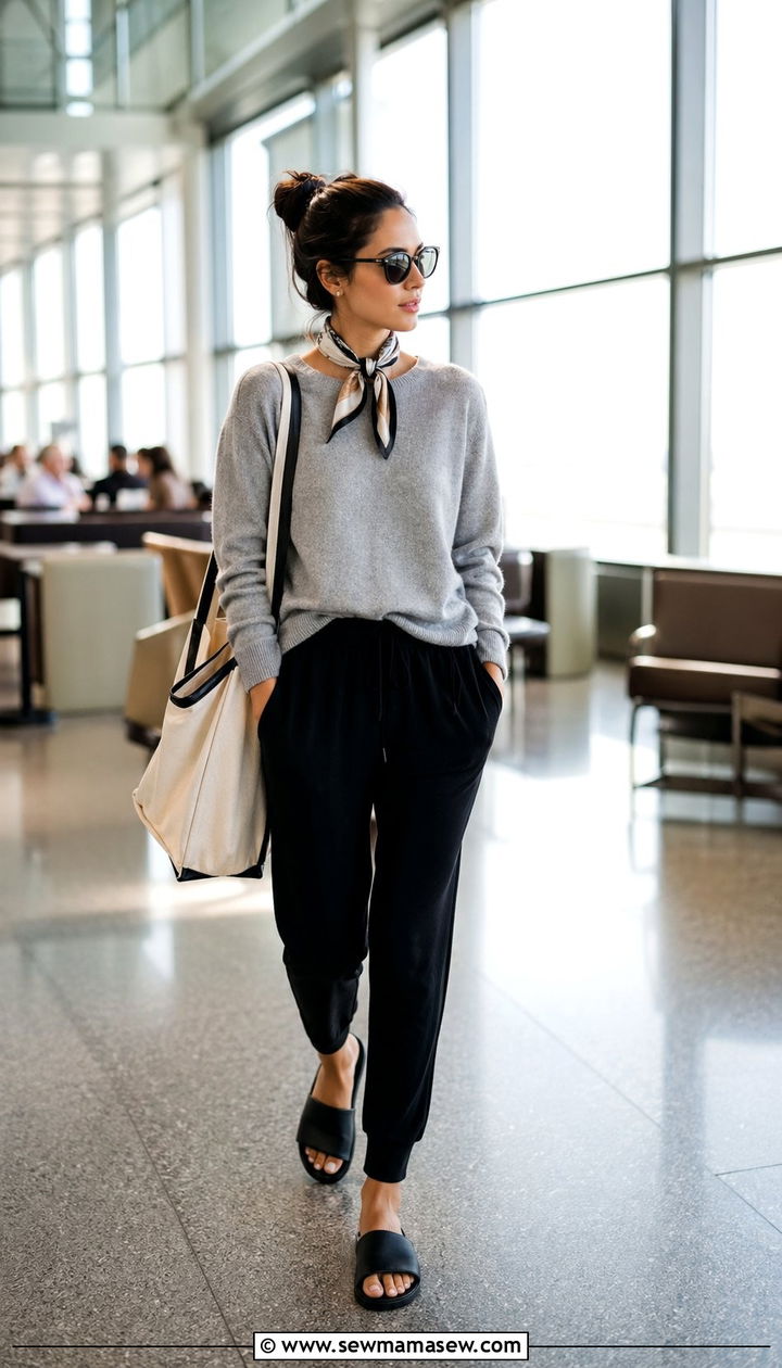 Cashmere crewneck with joggers and slide sandals - 30 Airport outfit ideas with cashmere sweater