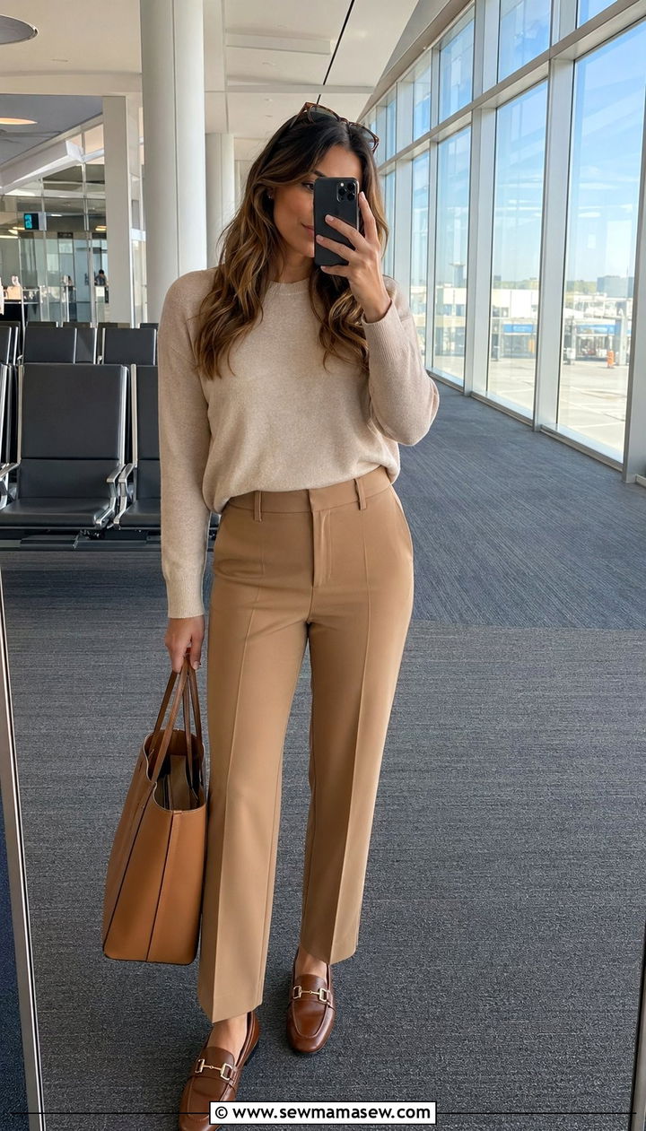 Cashmere crewneck with tailored trousers and loafers - 30 Airport outfit ideas with cashmere sweater