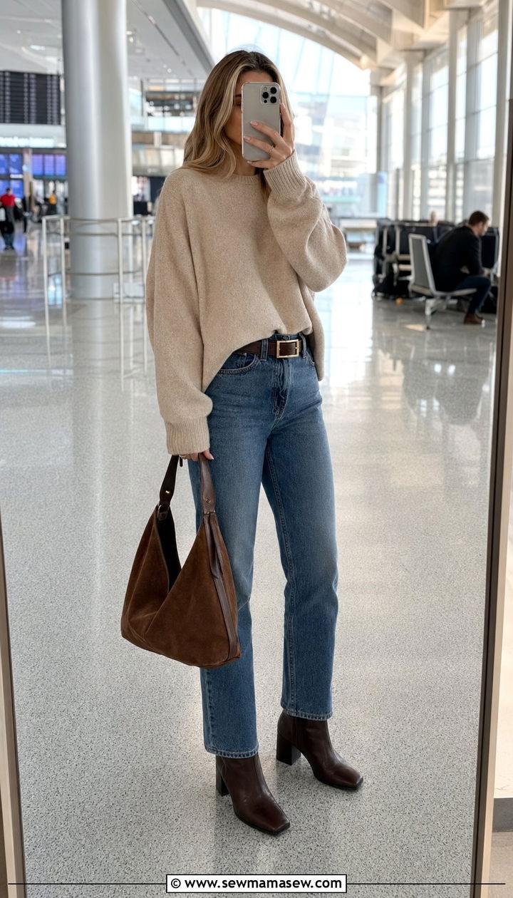 Cashmere crewneck with trouser jeans and block heel boots - 30 Airport outfit ideas with cashmere sweater