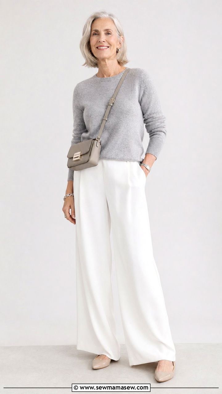 Cashmere crewneck with white wide leg pants - 35 Outfit ideas for women over 60