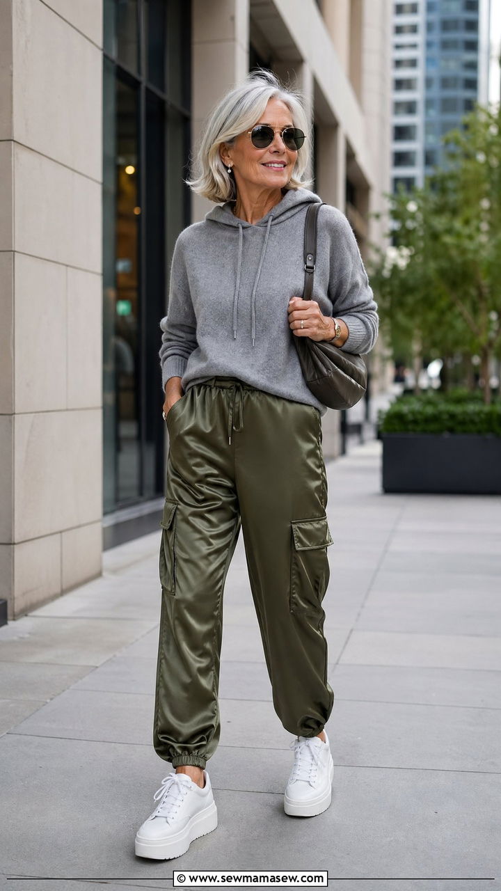 Cashmere hoodie with satin cargo pants and platform sneakers - 35 Travel outfit ideas for women over 50