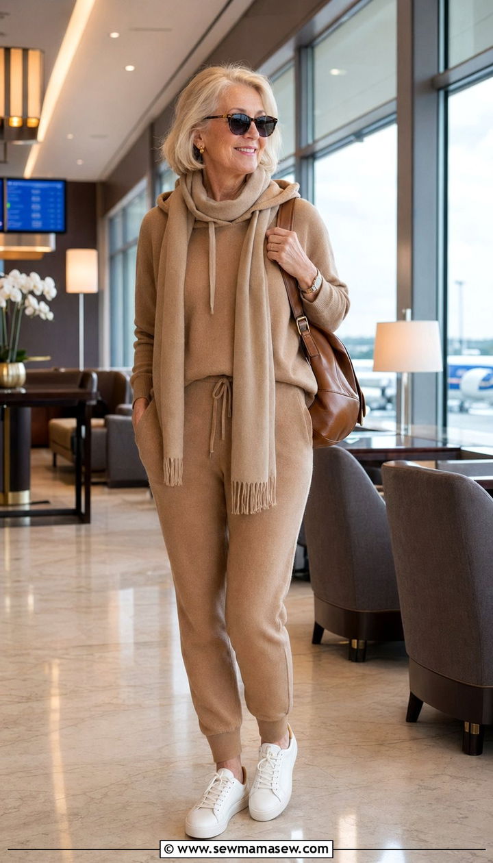 Cashmere hoodie with tailored joggers and white leather sneakers - 35 Old money outfit ideas for women over 60