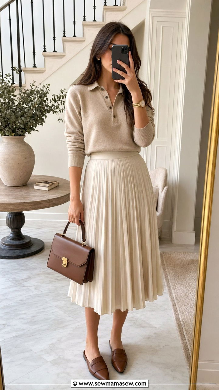 Cashmere polo with pleated midi skirt and leather mules - 35 quiet luxury outfits ideas