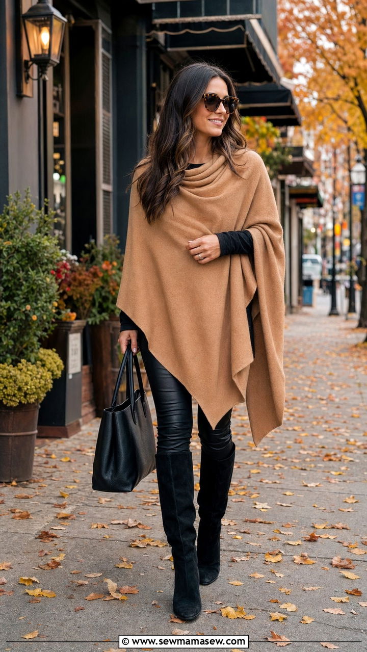 Cashmere poncho wrap with black leggings and tall boots - 30 Age appropriate outfit ideas