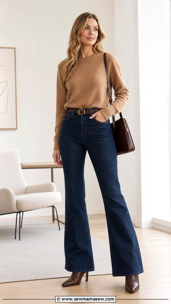 Cashmere sweater and flared jeans outfit - 30 Work outfits with jeans