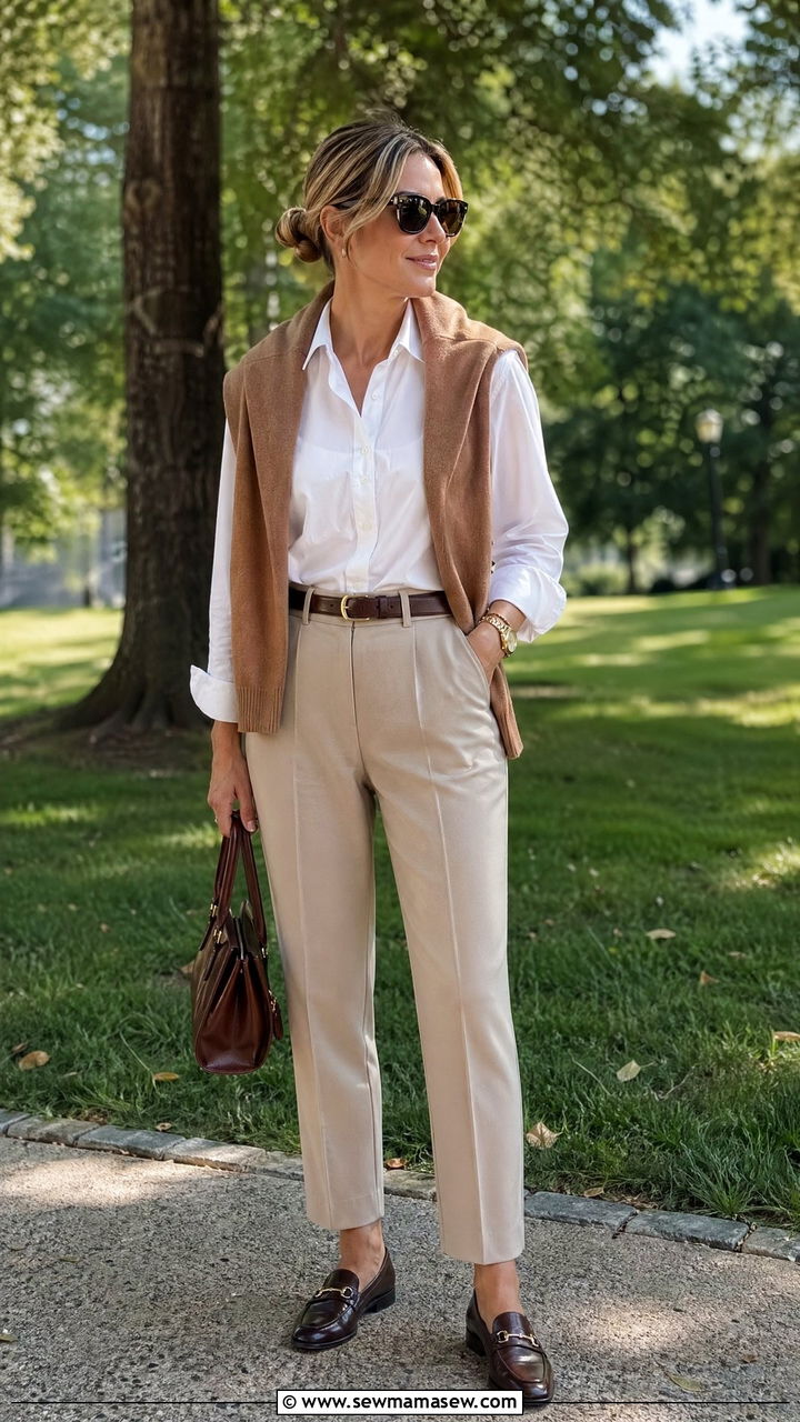 Cashmere sweater draped over white shirt - 35 Stealth wealth outfit ideas