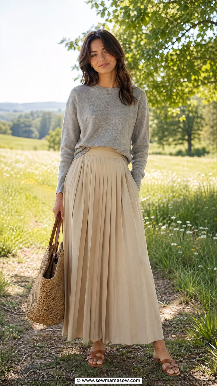 Cashmere sweater with A line pleated maxi skirt - 35 Sweater skirt outfit ideas
