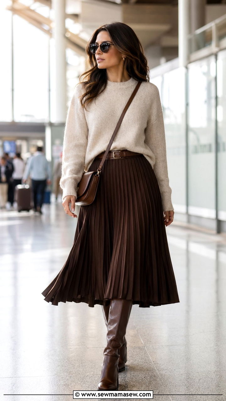 Cashmere sweater with a pleated skirt and knee high boots - 30 Airport outfit ideas with cashmere sweater