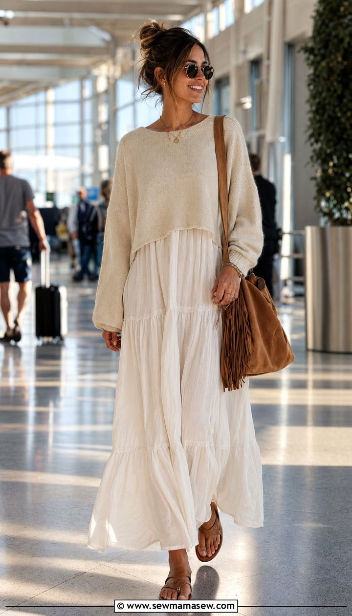 Cashmere sweater with a tiered maxi dress and flat sandals - 30 Airport outfit ideas with cashmere sweater