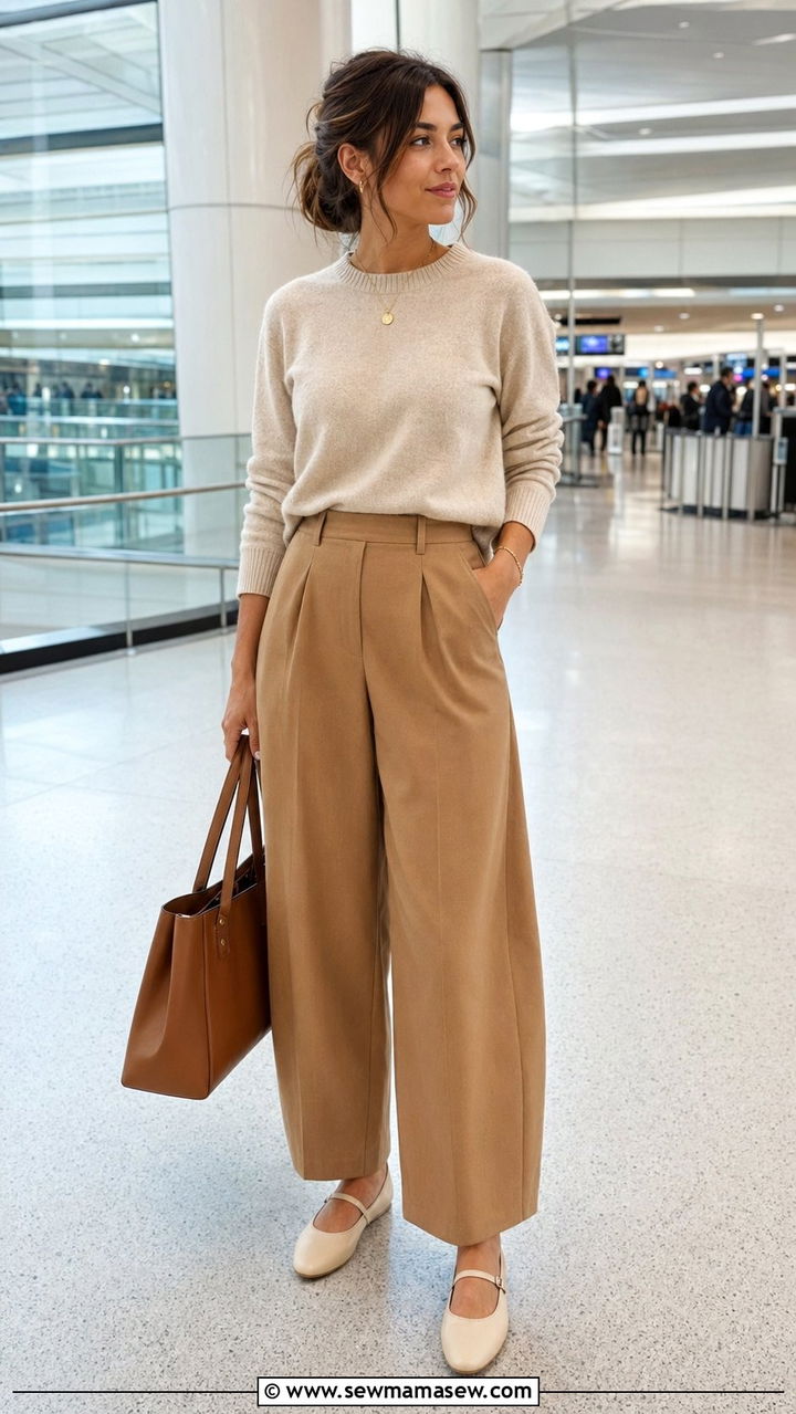 Cashmere sweater with barrel leg trousers and ballet flats - 30 Airport outfit ideas with ballet flats
