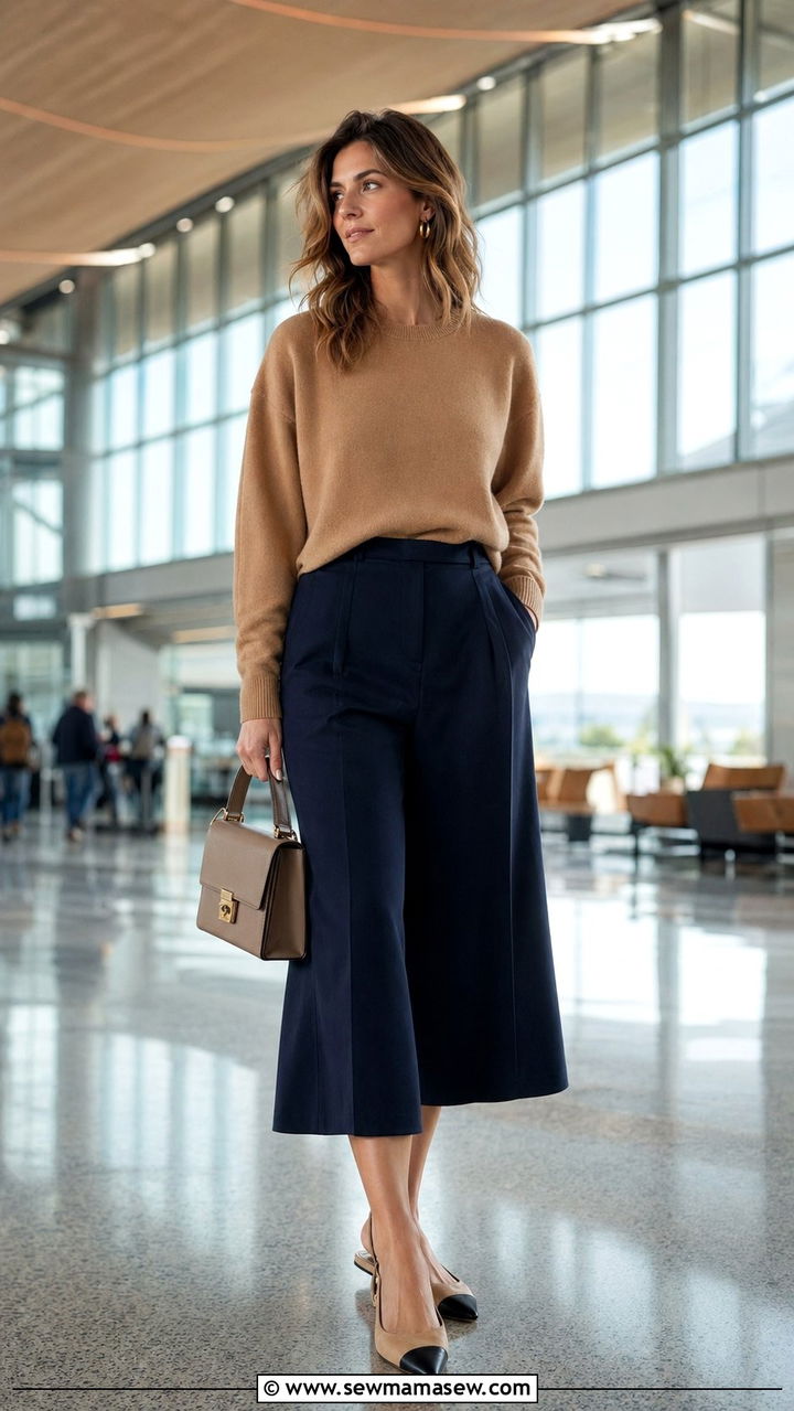 Cashmere sweater with culottes and slingback flats - 30 Airport outfit ideas with cashmere sweater