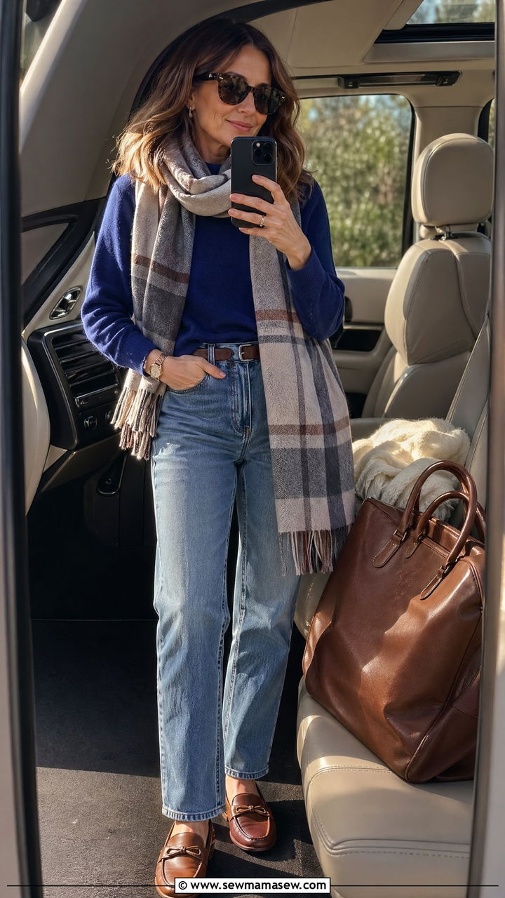 Cashmere sweater with high waisted straight jeans and loafers road trip outfit - 35 Travel outfit ideas for women over 40