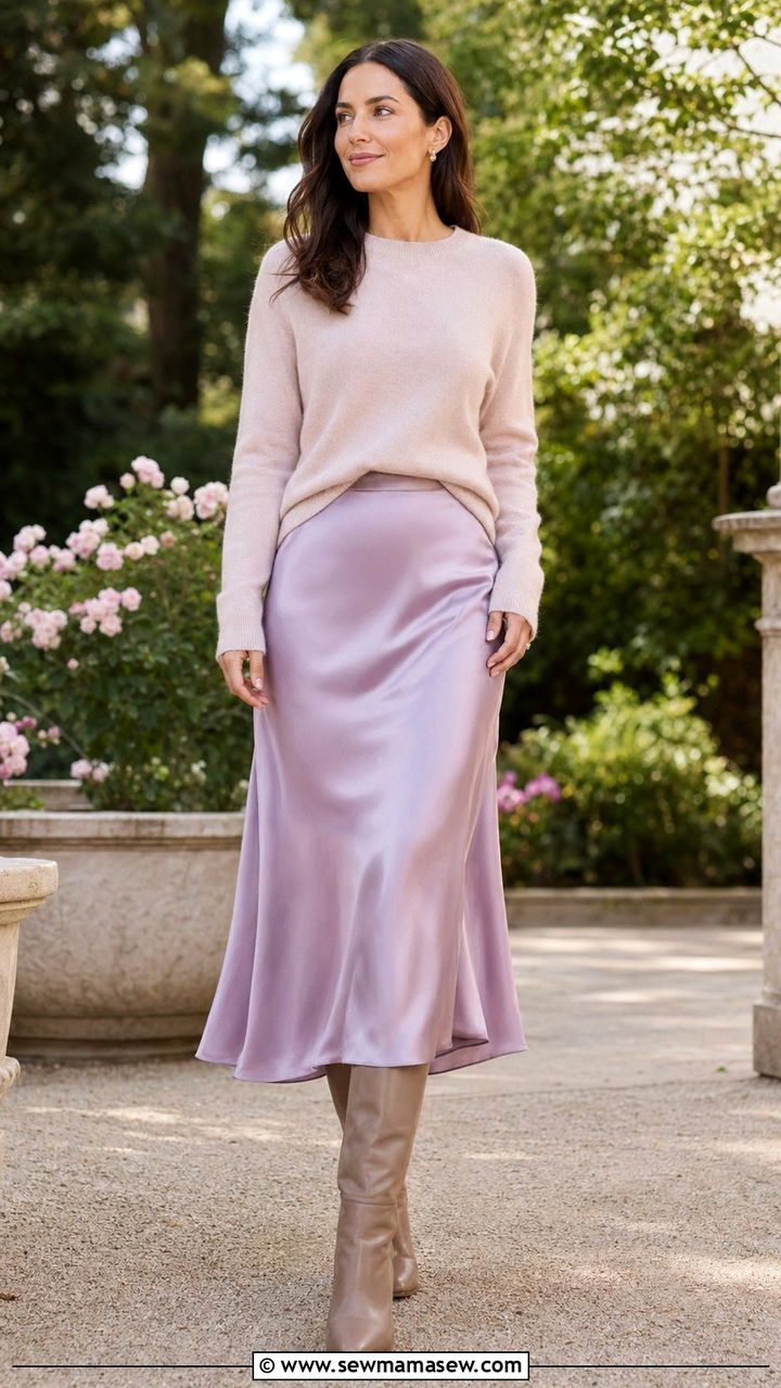 Cashmere sweater with pastel midi skirt - 35 Rich mom outfit ideas