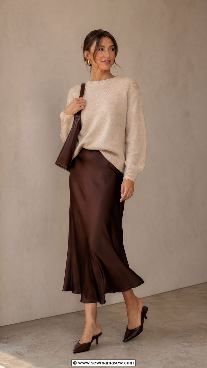 Cashmere sweater with satin slip skirt - 35 chic outfit ideas for women