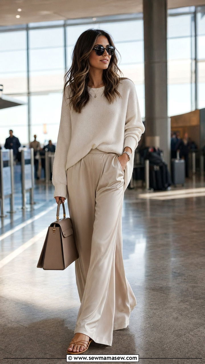 Cashmere sweater with satin wide leg pants and strappy sandals - 30 Airport outfit ideas with cashmere sweater