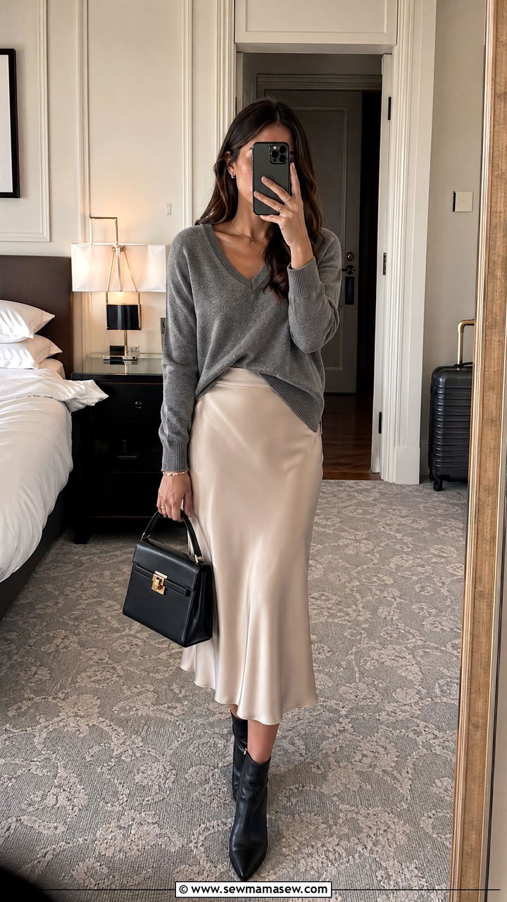 Cashmere sweater with silk midi skirt and ankle boots - 35 classy travel outfit ideas