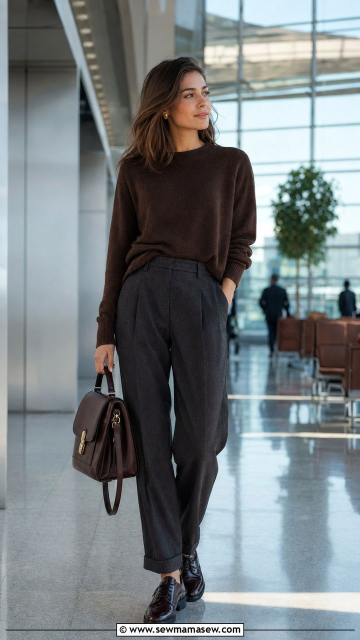 Cashmere sweater with wool blend trousers and oxfords - 30 Airport outfit ideas with cashmere sweater