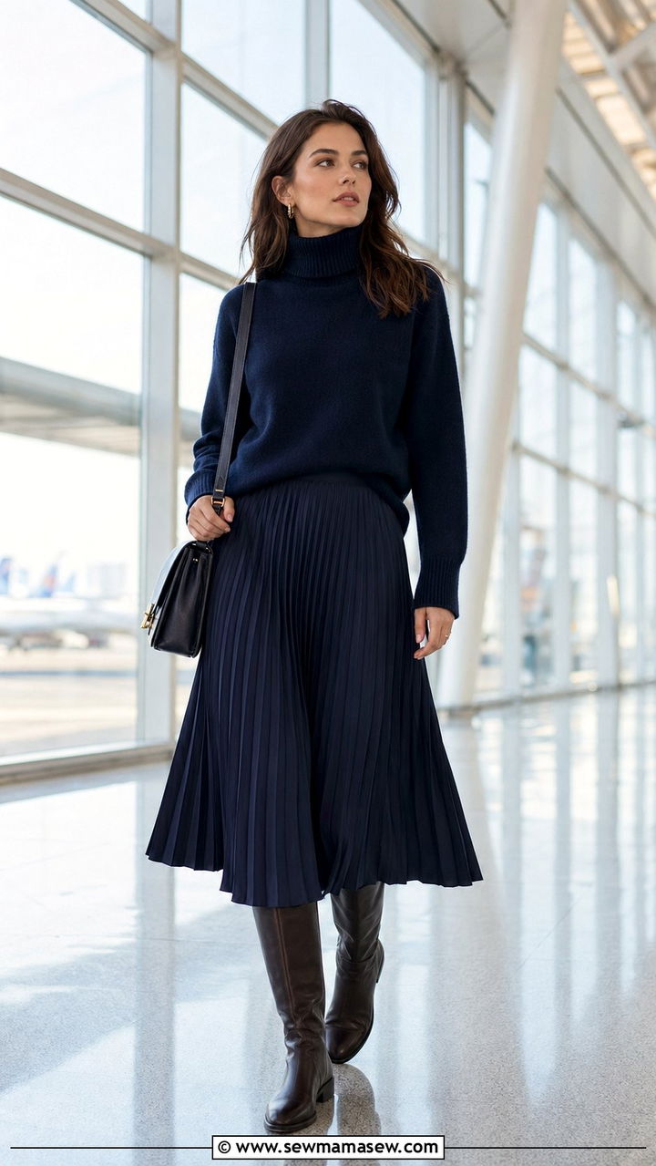 Cashmere turtleneck with a midi skirt and flat boots - 30 Airport outfit ideas with cashmere sweater