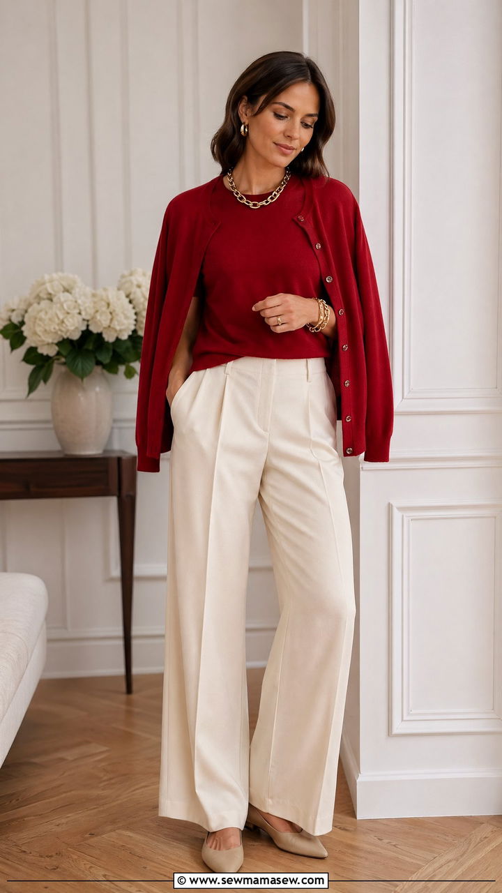 Cashmere twin set with ecru wide leg trousers and pointed toe flats - 35 Spring outfit ideas 2026