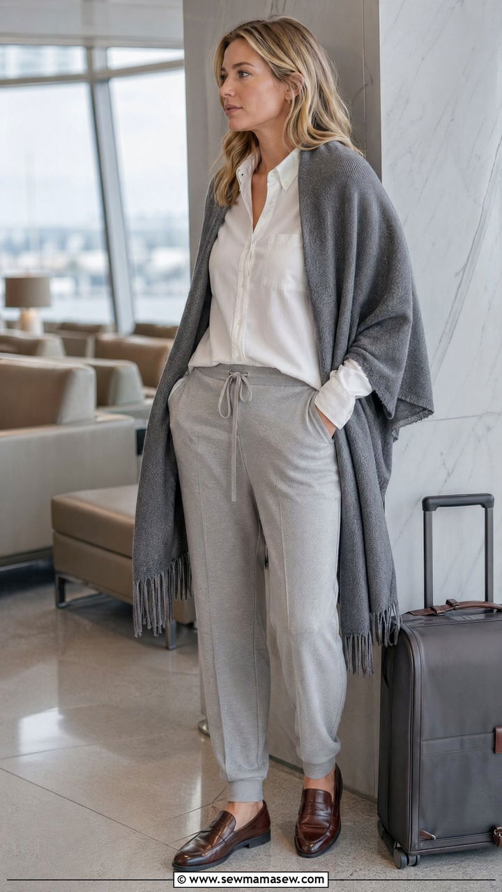 Cashmere wrap over dress shirt and sweatpants long flight - 40 Long flight outfit ideas