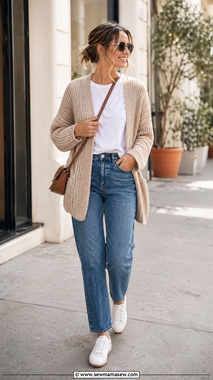 Casual Cardigan With Tee And Jeans - 35 spring chic outfit ideas