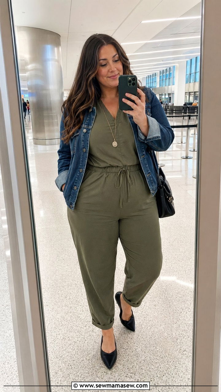 Casual Cotton Jumpsuit With Comfortable Flats - 30 Airport outfits plus size