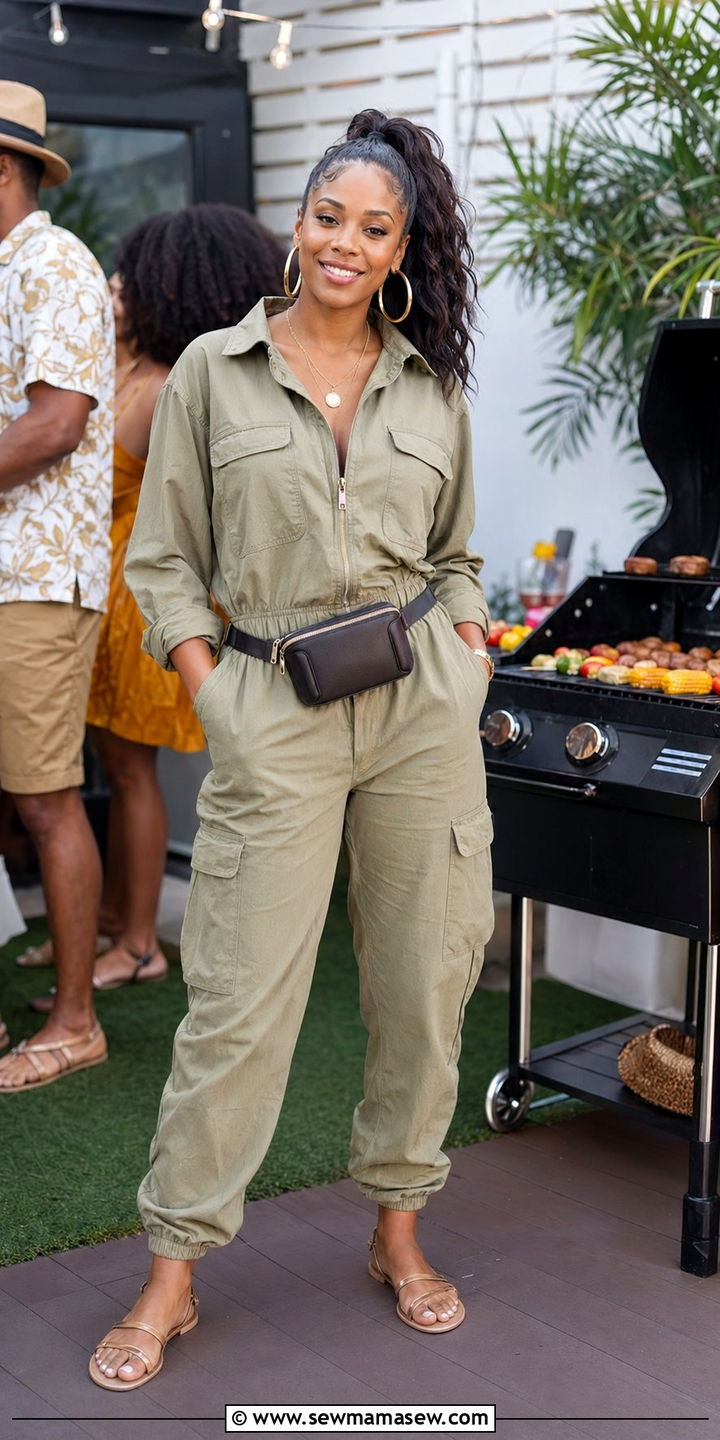 Casual Jumpsuit And Hoop Earrings BBQ Outfit - 30 BBQ party outfit ideas