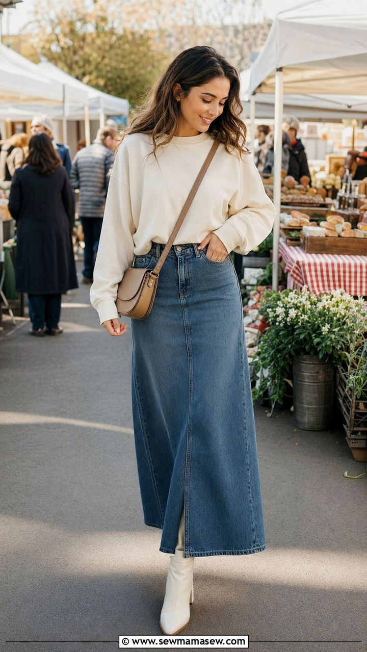 Casual Maxi Skirt with a Relaxed Sweatshirt - 35 modest classy outfits