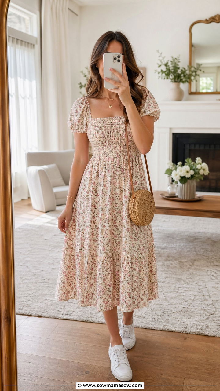 Casual Outfit With Floral Midi Dress And White Sneakers - 35 casual outfits inspo