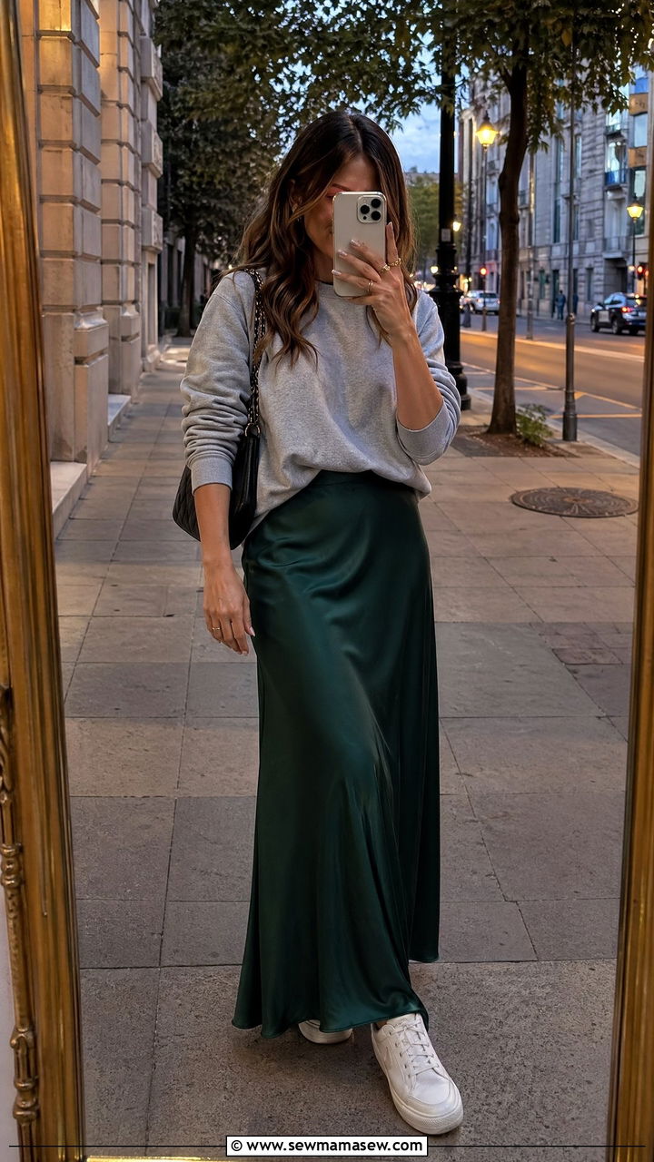 Casual Outfit With Sweatshirt And Satin Maxi Skirt - 35 casual outfits inspo