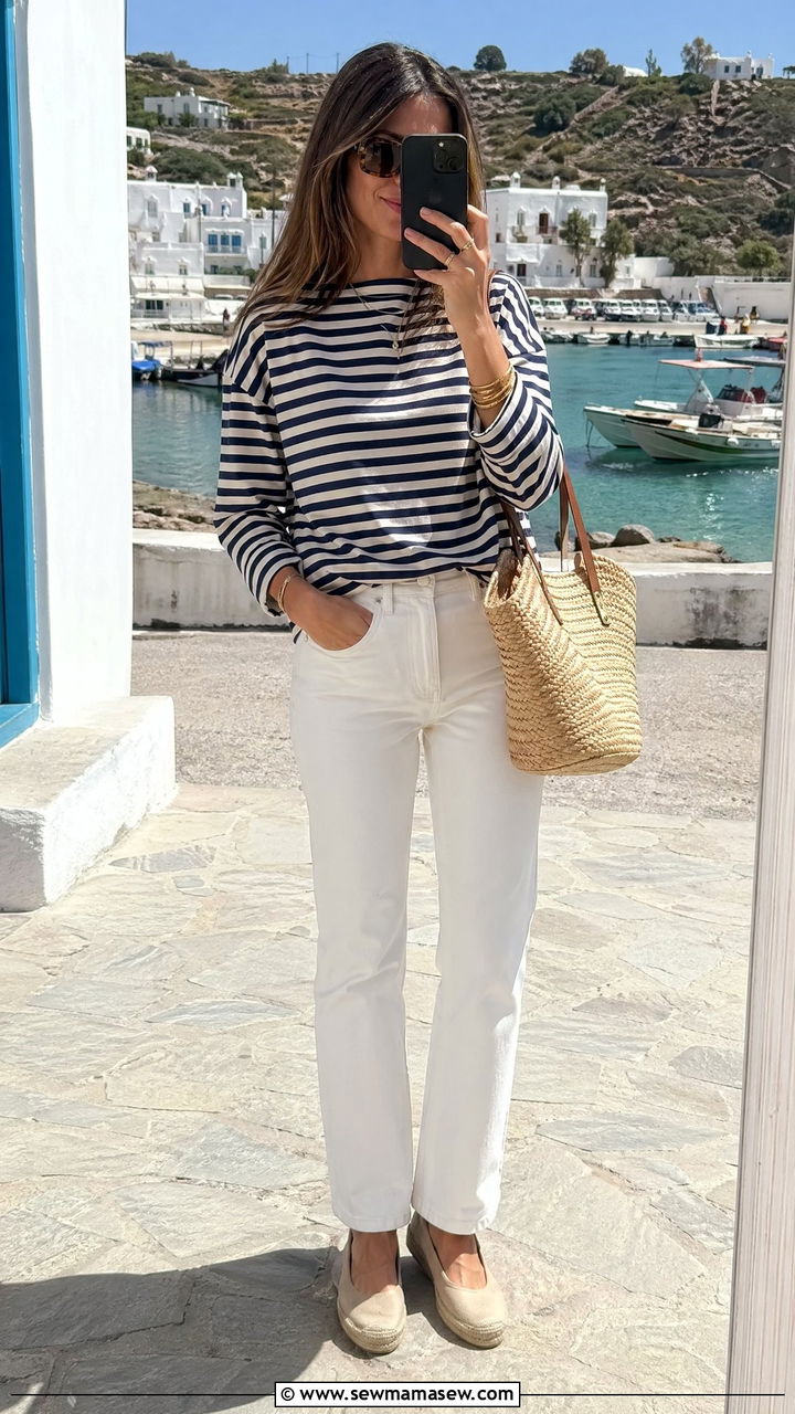 Casual Outfit With White Jeans And Striped Breton Top - 35 casual outfits inspo