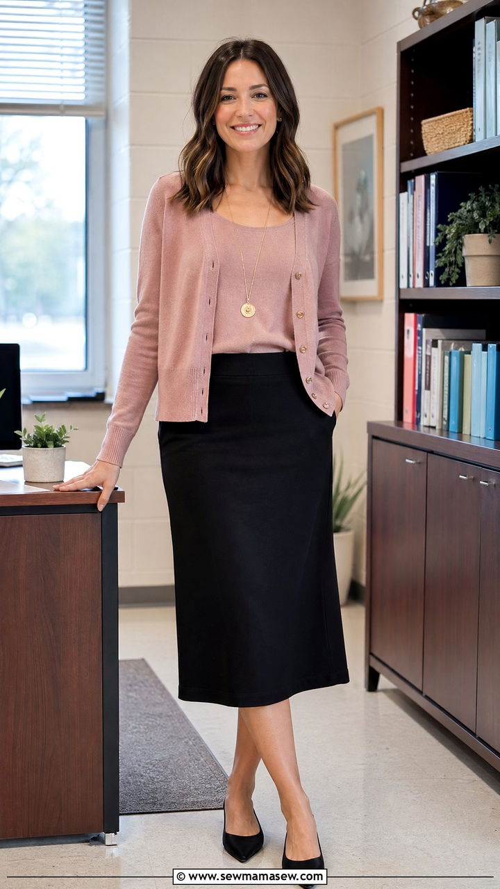 Casual Teacher Outfit With Black Midi Skirt And Cardigan Set - 35 casual teacher outfits