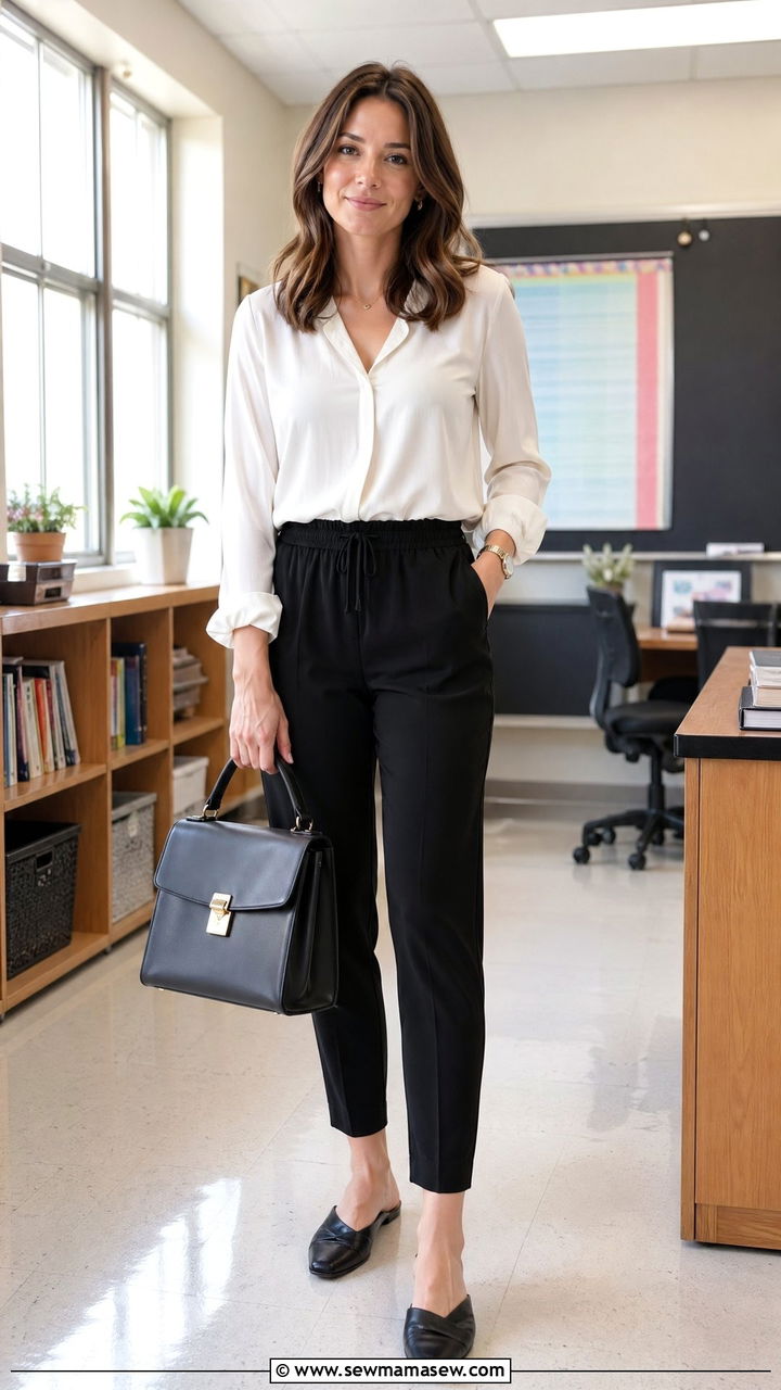 Casual Teacher Outfit With Black Trousers And White Blouse - 35 casual teacher outfits