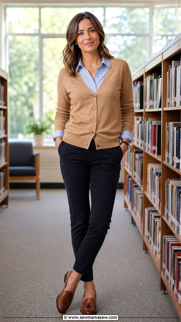 Casual Teacher Outfit With Cardigan Over A Collared Shirt - 35 casual teacher outfits