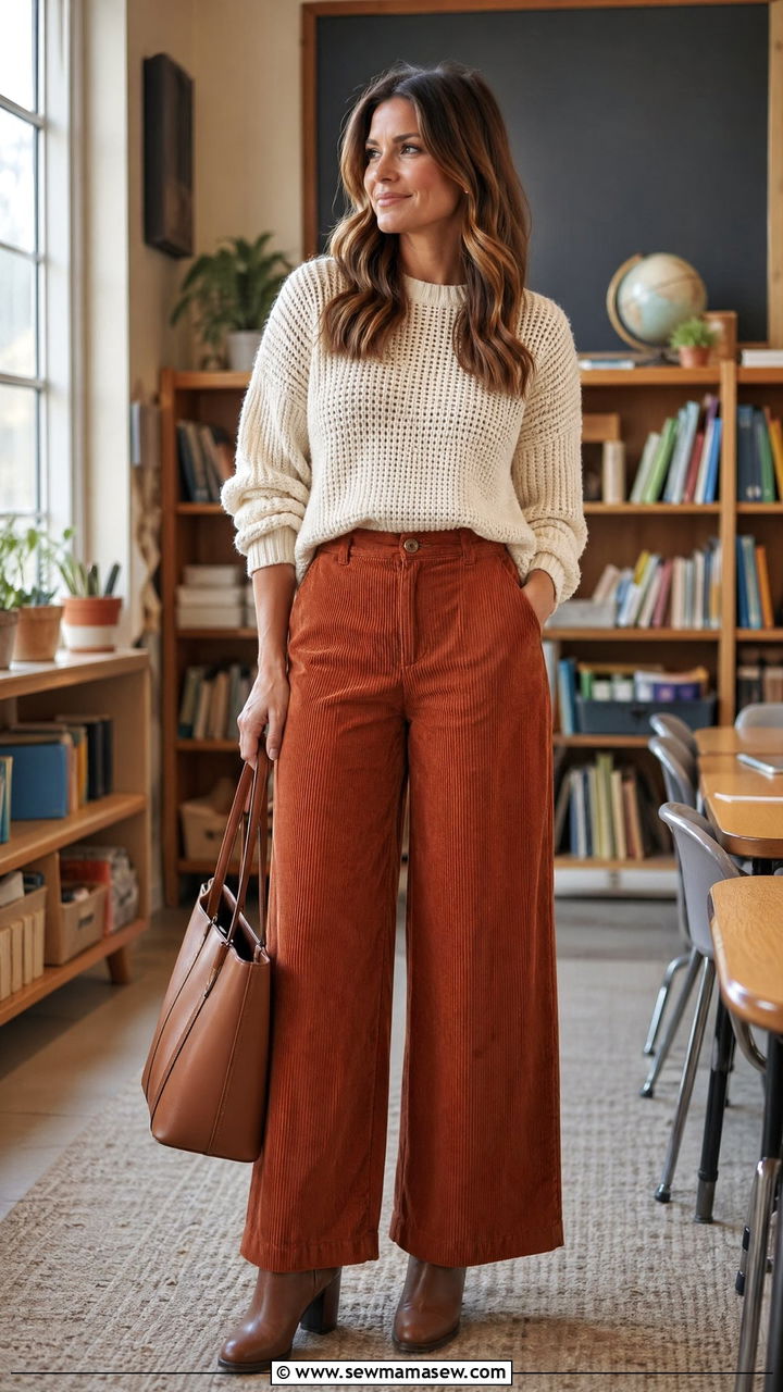 Casual Teacher Outfit With Corduroy Pants And Chunky Knit - 35 casual teacher outfits