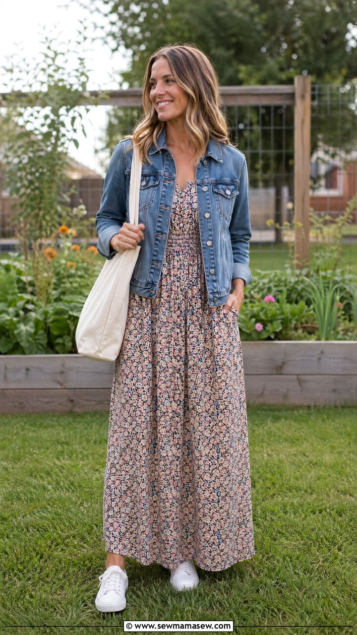 Casual Teacher Outfit With Denim Jacket Over Maxi Dress - 35 casual teacher outfits