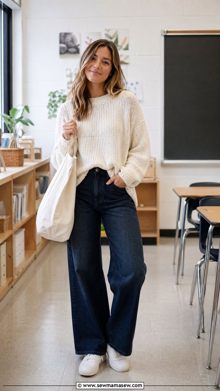 Casual Teacher Outfit With Knit Pullover And Wide Leg Jeans - 35 casual teacher outfits