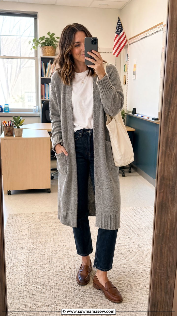 Casual Teacher Outfit With Long Cardigan Tee And Jeans - 35 casual teacher outfits