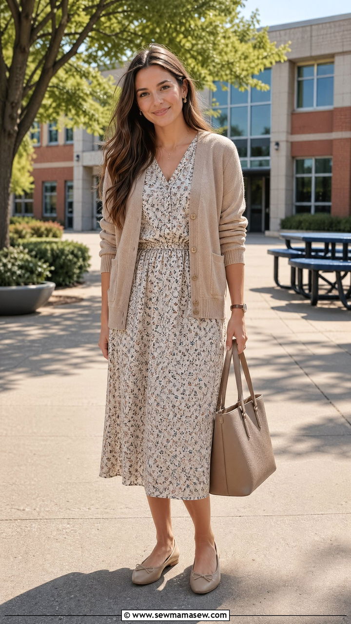 Casual Teacher Outfit With Midi Dress And Cardigan - 35 casual teacher outfits